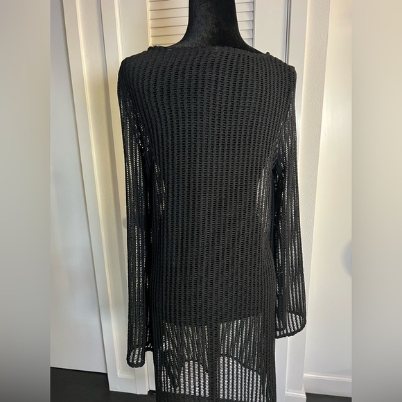 EUC Black Long Sleeve Beach Swim Suit Crochet Knit Sheer Cover-Up Dress Size Med - Picture 7 of 7